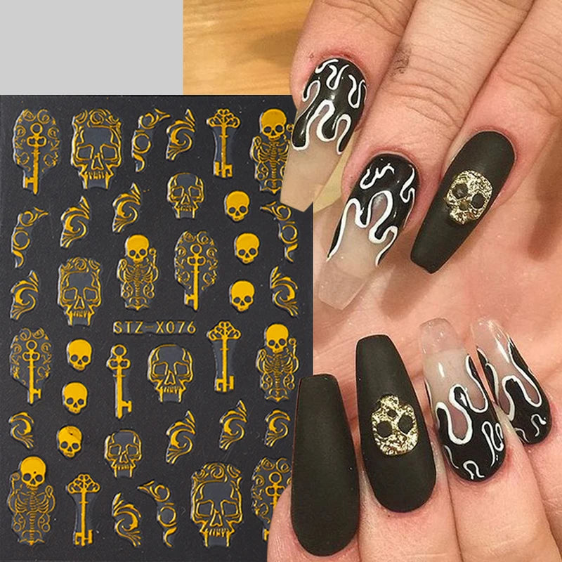Gothic Golden Skull Nail Art Stickers Halloween Self-Adhesive Decals for Nails
