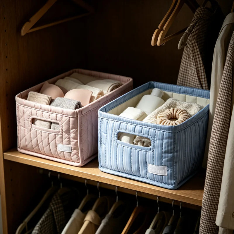 Square Fabric Storage Basket with Lace Flower Design - Desk Organizer, Home Decor