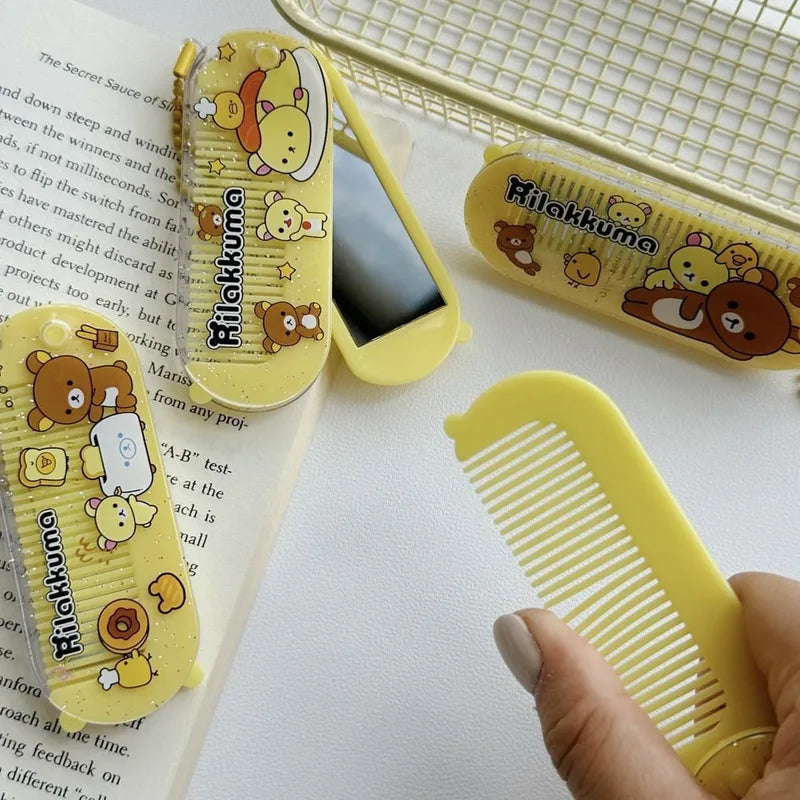 Cute Rilakkuma Folding Comb Mirror Set for Girls - Portable Hair Brush & Massage Tool