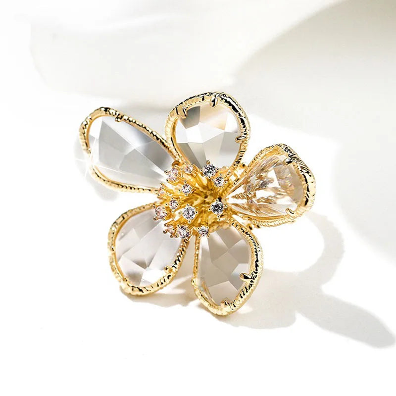 Luxury Crystal Flower Open Ring for Women Trendy Statement Jewelry Summer Holiday