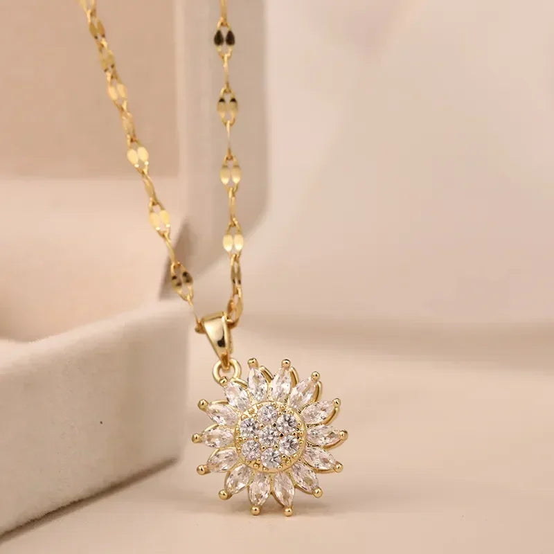 Double-Layer Rotatable Sunflower Necklace for Women Girl Jewelry Choker
