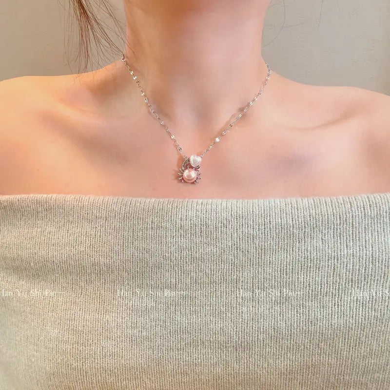 Pink Pearl Crab Shape Pendant Necklace for Women - Elegant Jewelry Gift