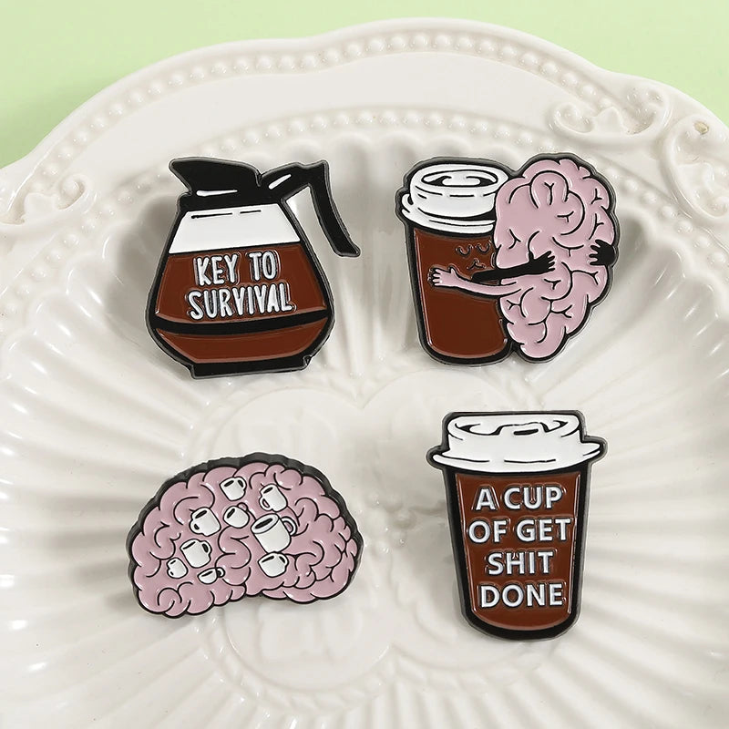 Medical Coffee Bag Pin Brooch - Brain Inject Key To Survival Lapel Jewelry