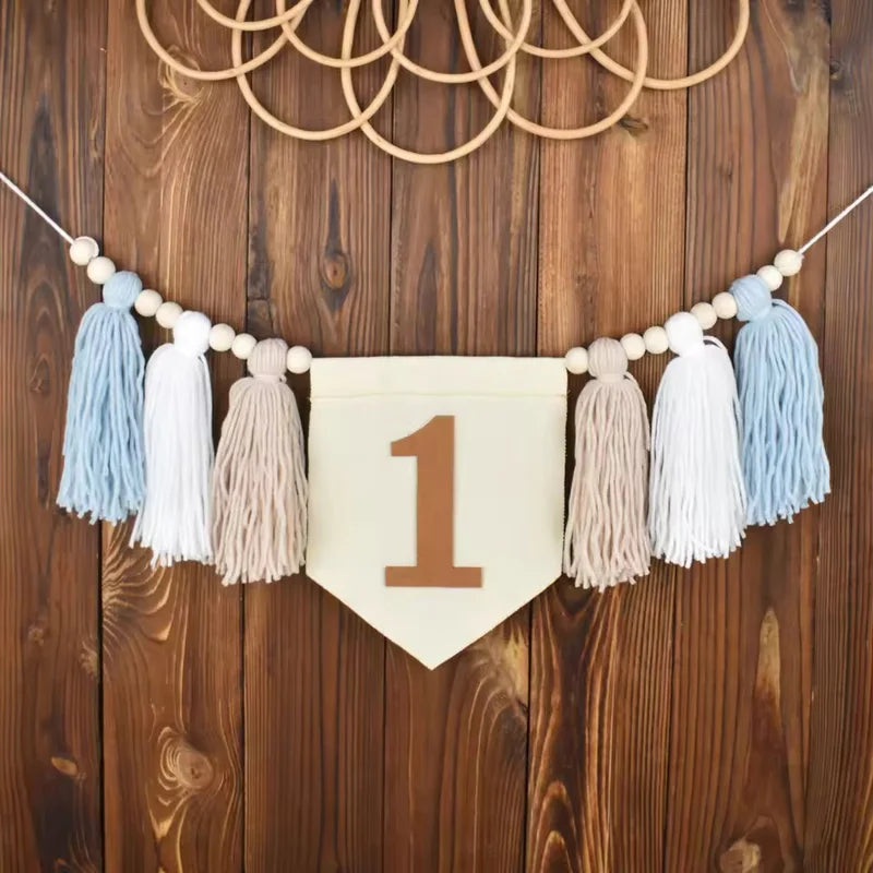 Baby First Birthday Decorations Set - Blue High Chair Banner & Wall Hangings