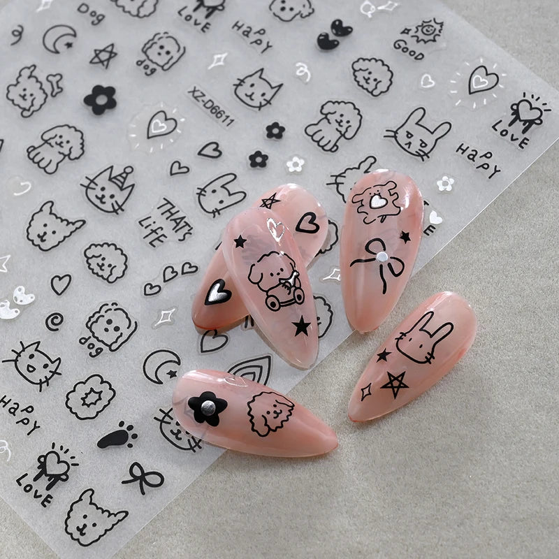 Cartoon Black Cat Nail Stickers Set - Kawaii Puppy Kitten Nail Art Decals