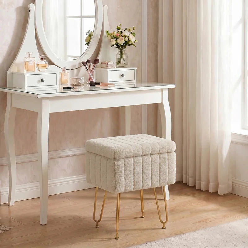 Faux Fur Vanity Stool with Hidden Storage and Adjustable Metal Legs