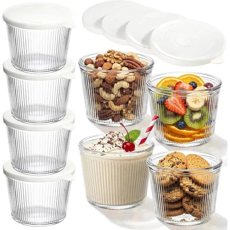 Set of 4 Small Glass Food Storage Bowls with Lids - Stackable Clear Stripe Design