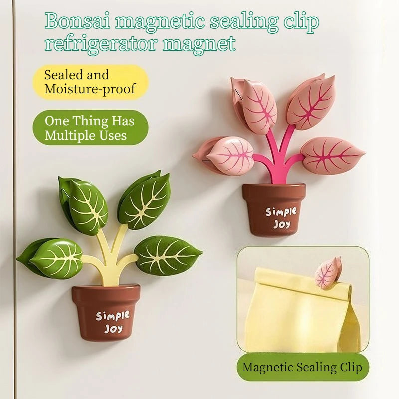 Magnetic Food Bag Clips with Potted Leaf Design - Moisture Proof Kitchen Storage