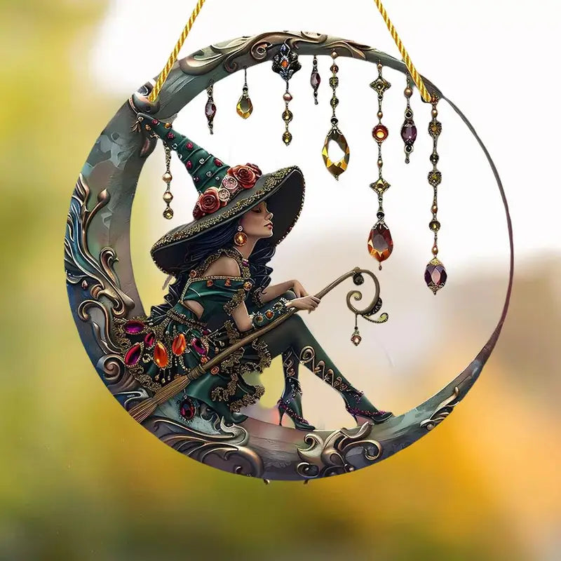 8x8 Inch Moonlight Witch Stained Glass Window Hanging Sun Catcher Wall Art