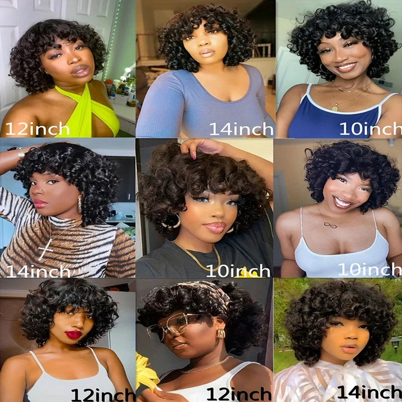 Curly Short Bob Wig with Bangs - Human Hair, Bouncy Afro Rose Style