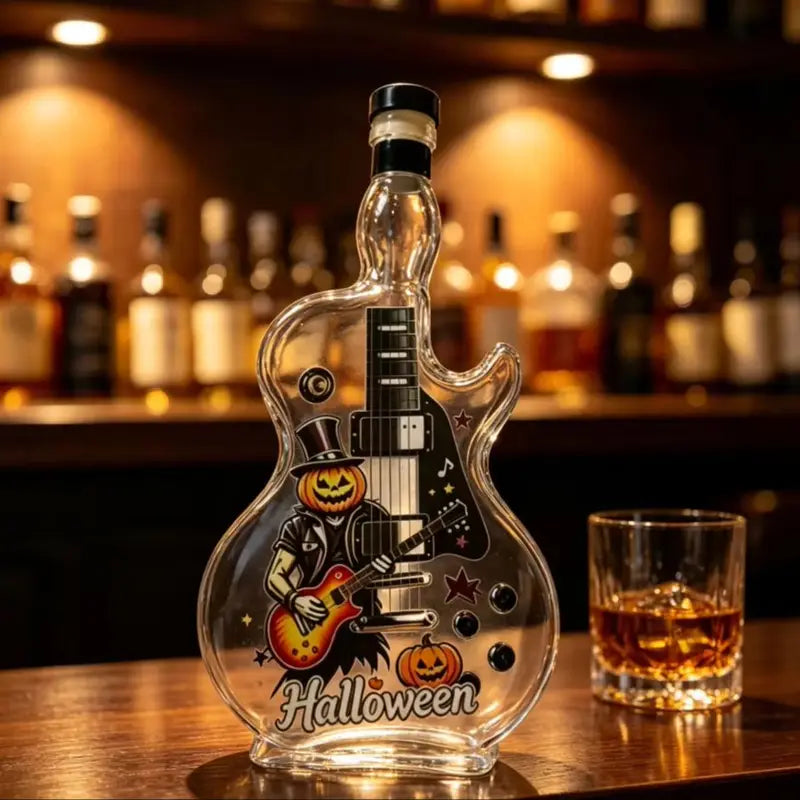 Halloween Guitar Shaped Whiskey Decanter with Pumpkin Print - Lead-Free Crystal Liquor Bottle, Home Bar Decor