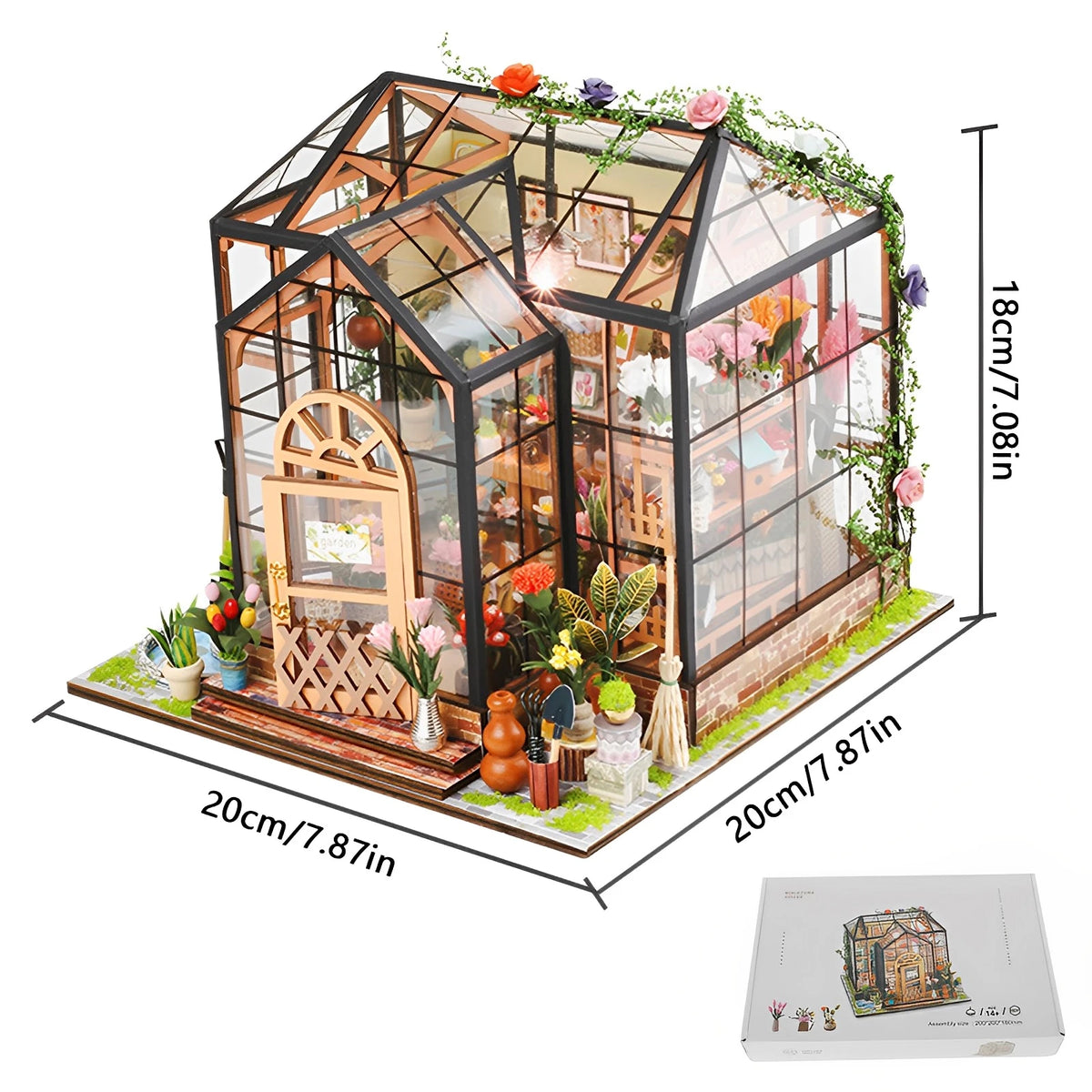 Miniature Garden House Kit with Furniture, LED Light and Wooden Greenhouse Model