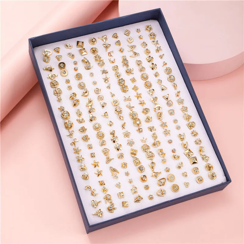 100 Pairs Small Stud Earrings Set for Women Geometric Star Animal Party Jewelry