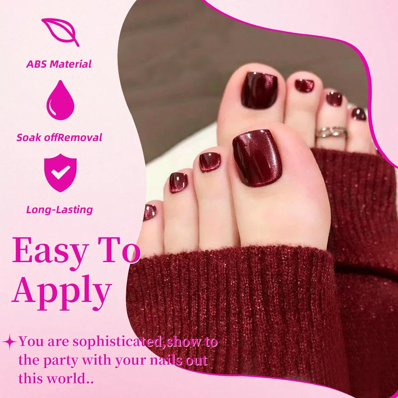 96pcs Press On Toenails Set - Short Square Fake Toe Nails with French Tip and Cat Eye Full Cover Artificial Nails for Feet