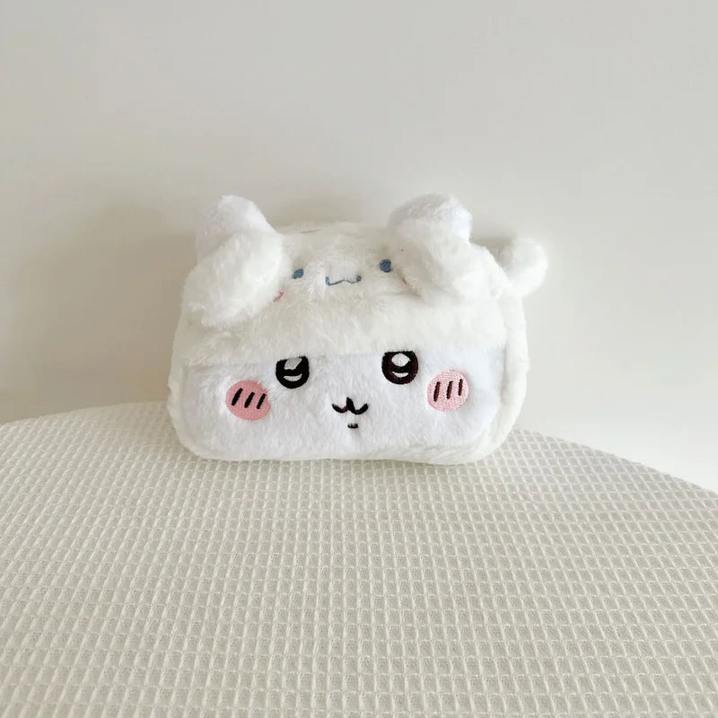 Kawaii Cartoon Plush Pen Bag Large Capacity Fluffy Stationery Organizer with Animal Face Design