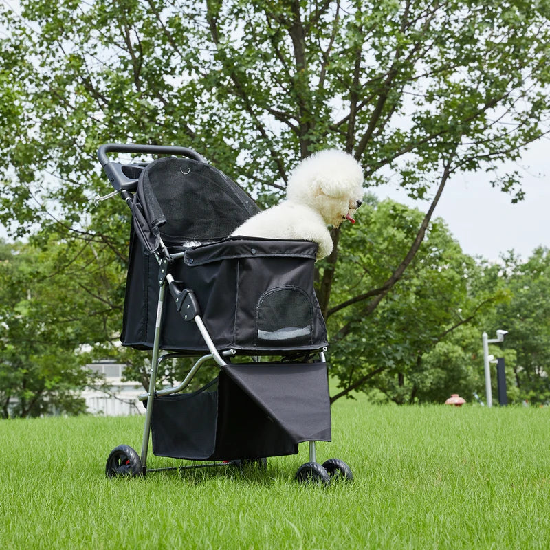 Foldable Pet Stroller for Small Dogs Cats - 3 Wheels, Mesh Windows, Storage