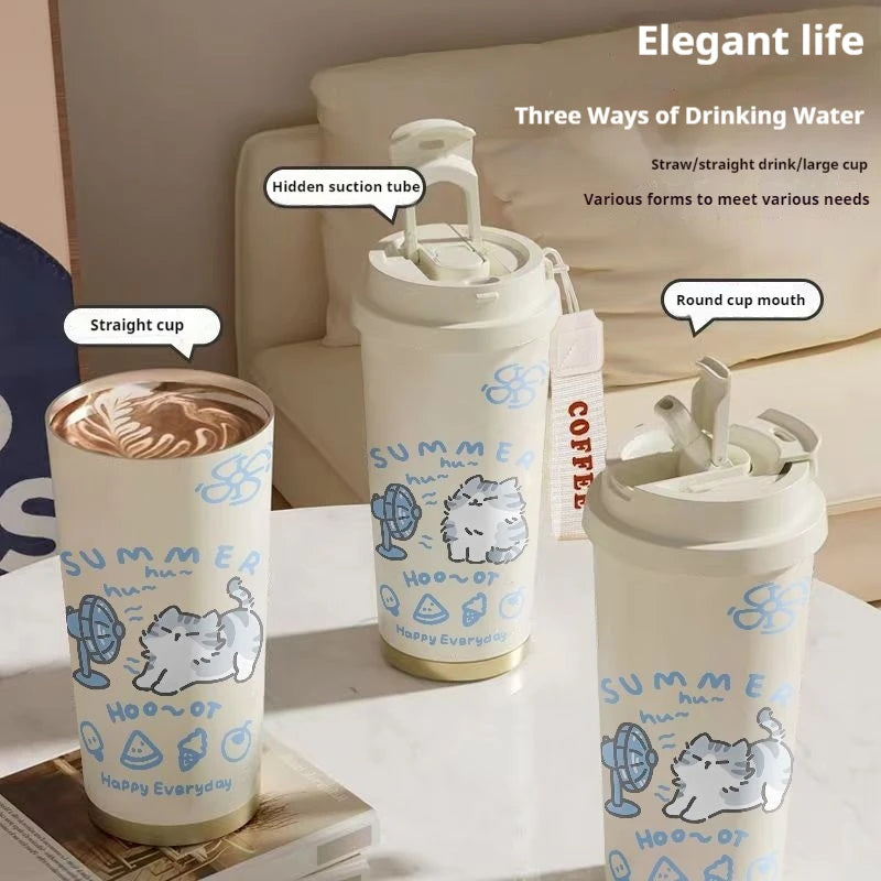 520ml Cute Cartoon Cat Insulated Stainless Steel Cup Double Wall Hot Cold Drinkware