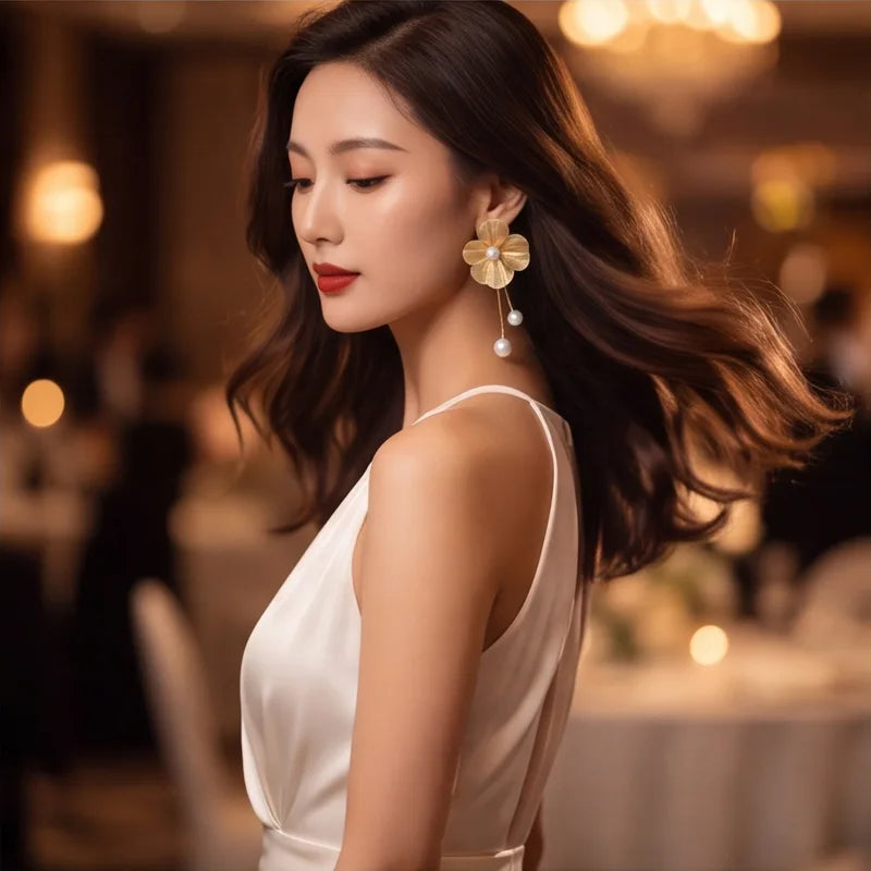 Romantic Flower Petal Tassel Drop Earrings for Women with Imitation Pearl Hanging Jewelry Gift