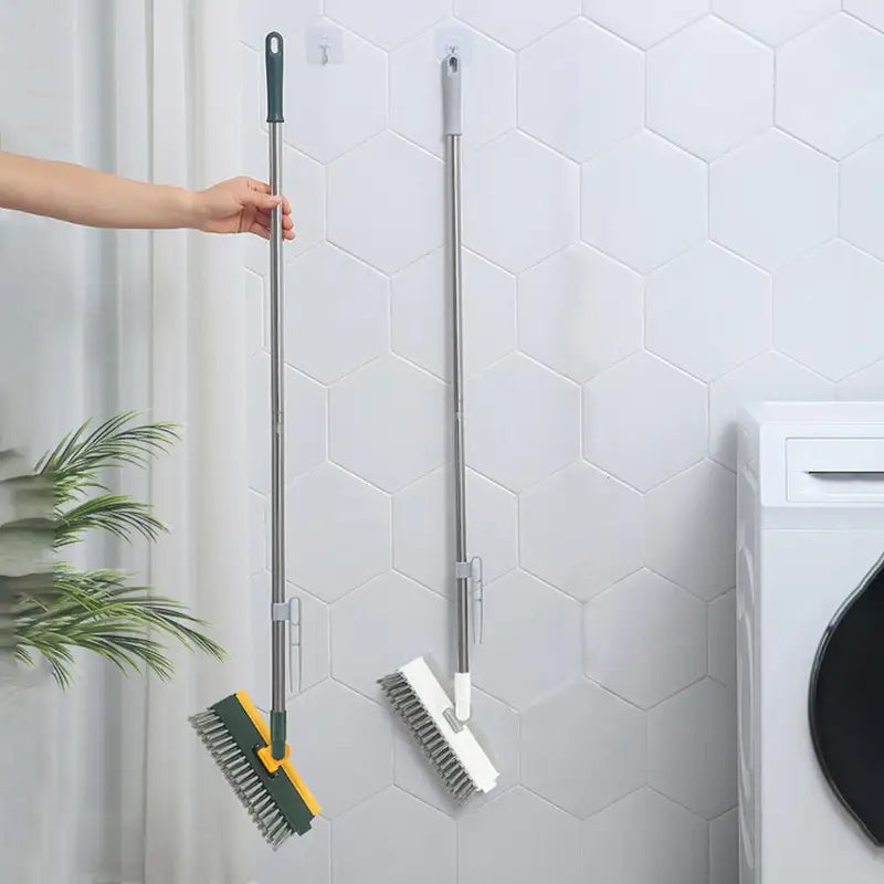 Rotatable Floor Scrub Brush with Long Handle and Squeegee for Grout and Tile Cleaning