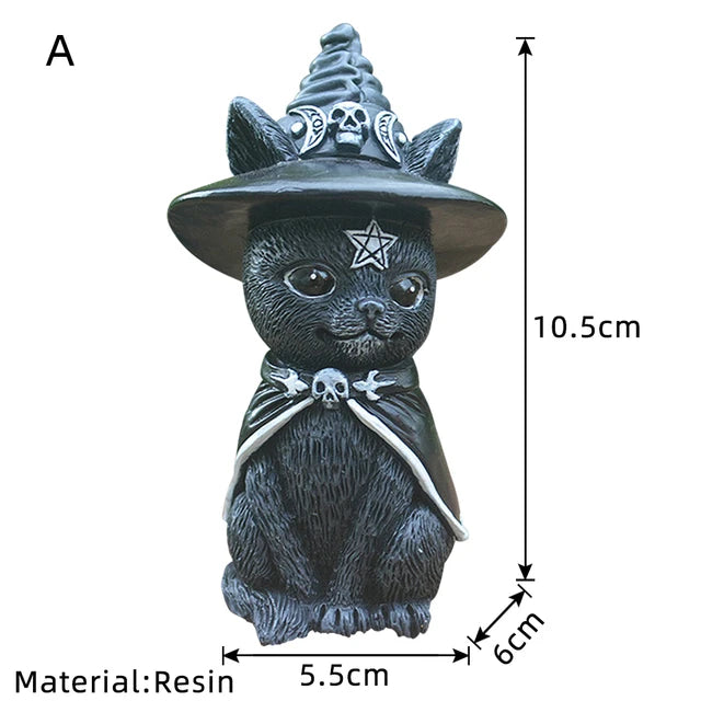 Halloween Garden Witch Cat Sculpture - Gothic Miniature Wizard Ornament