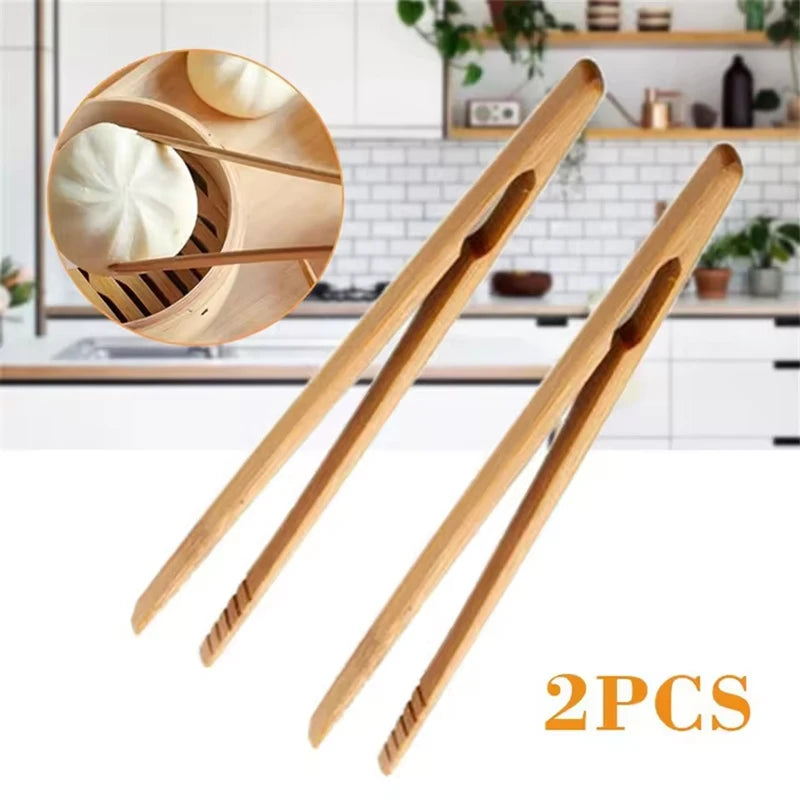 18cm Wooden Food Tongs - Durable Bamboo Salad & Toast Serving Utensils