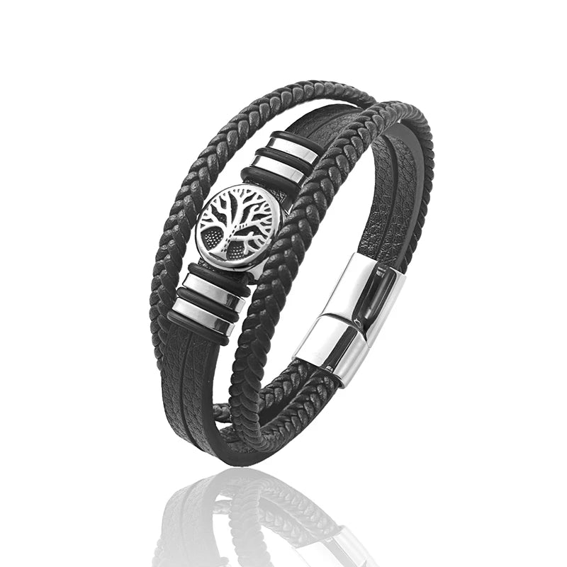 Men's Leather Bracelet with Stainless Steel Charm - Irregular Punk Accessories