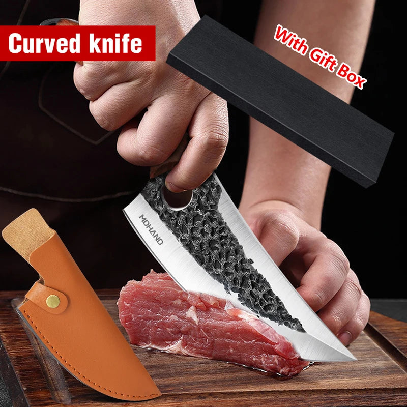 Stainless Steel Chef Knife with Leather Cover - Multi-Color Options
