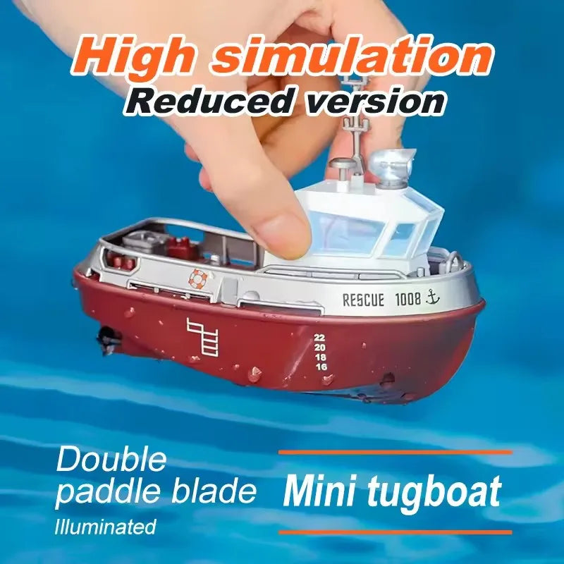 Remote Control Water Tugboat Toy with Lights - 1/32 Scale, Dual Motor, Long Range