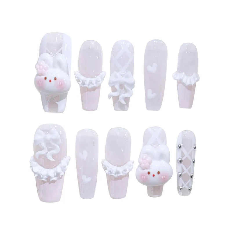 10 Pcs Long Fake Nails with Cute 3D Rabbit French Style White Tips - Handmade Press On Nails