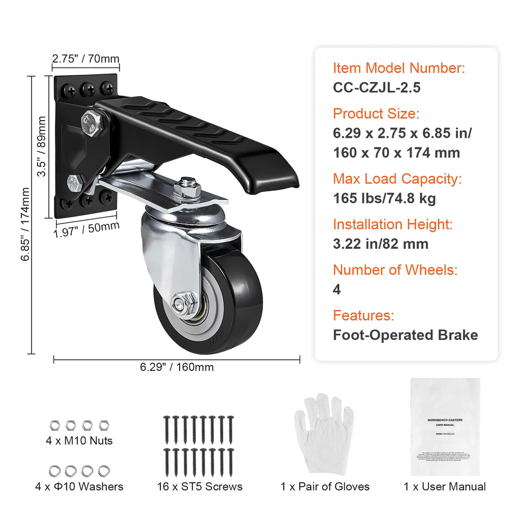 Heavy Duty Workbench Caster Wheels Set - 165 lbs, 2.5-inch Swivel, Side Mounted, Retractable, 360° Rotation
