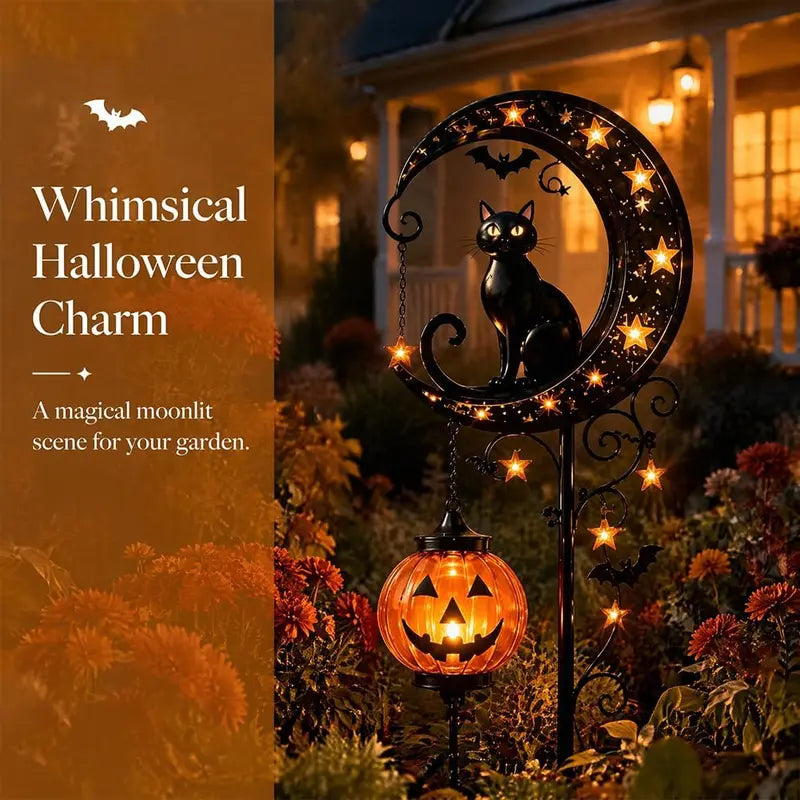 Solar Halloween Black Cat & Pumpkin Moon Garden Stake Light Waterproof Outdoor Decor