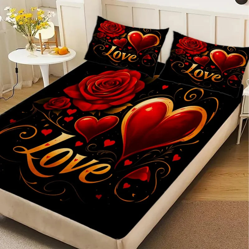 Romantic Red Roses & Love Text Print Fitted Sheet Deep Pocket Mattress Cover