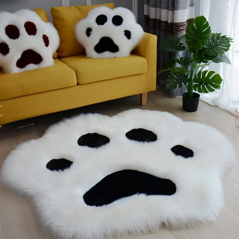 Cute Cat Paw Floor Carpet - Soft Long Plush Decorative Mat for Living Room & Bedroom