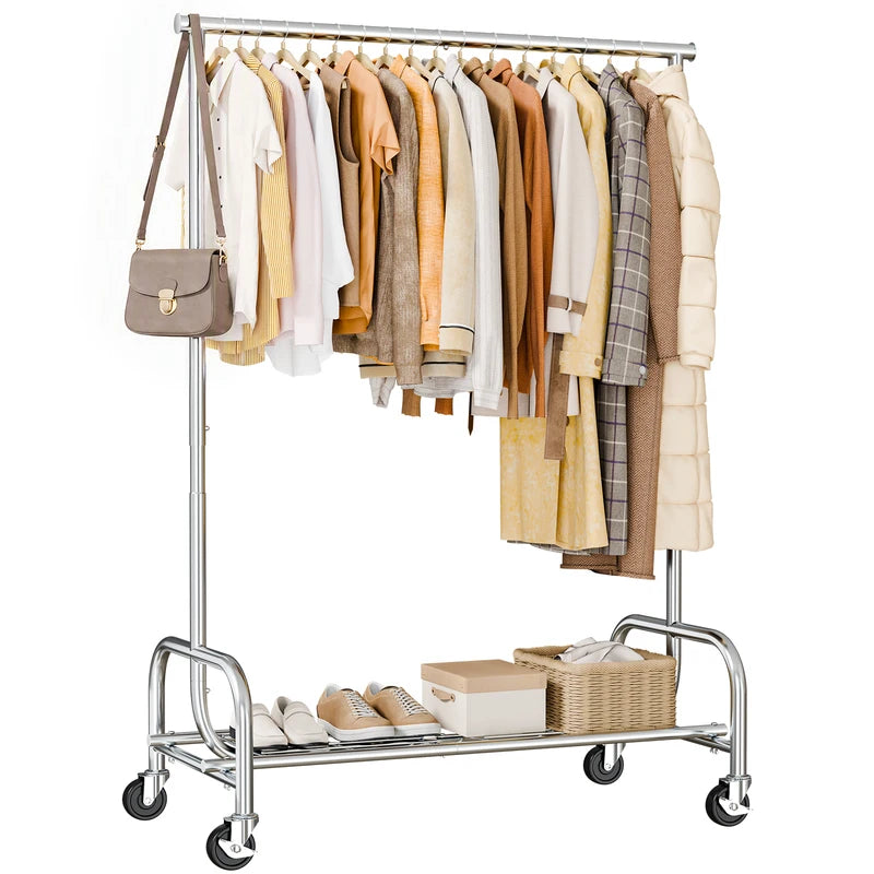 Heavy Duty Clothes Rack with Wheels and Adjustable Top Hanging Rod - Entryway Storage Organizer for Home