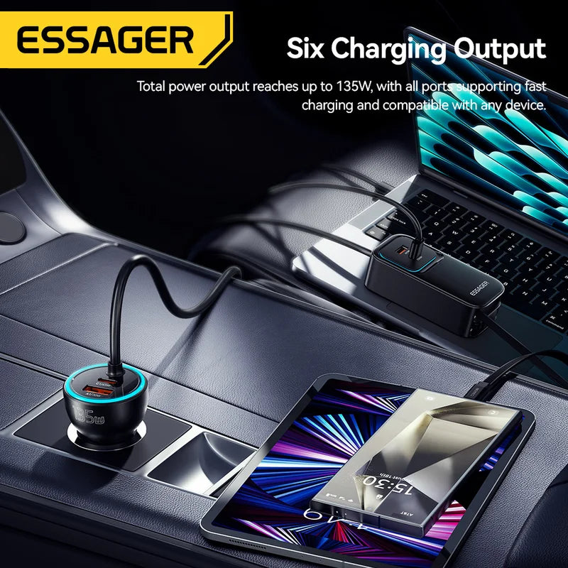 Dual Retractable Car Charger Cable 135W Fast Charging for iPhone, Samsung, Huawei, Laptop
