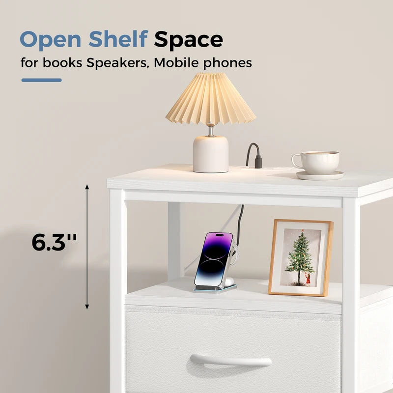 Nightstand with Fabric Drawers and LED Light Strip - Bedside Storage with Charging Station