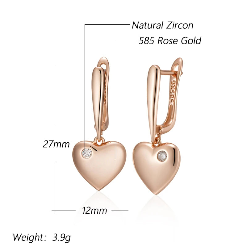 Luxury Heart Drop Earrings with Natural Zircon in Rose Gold for Women
