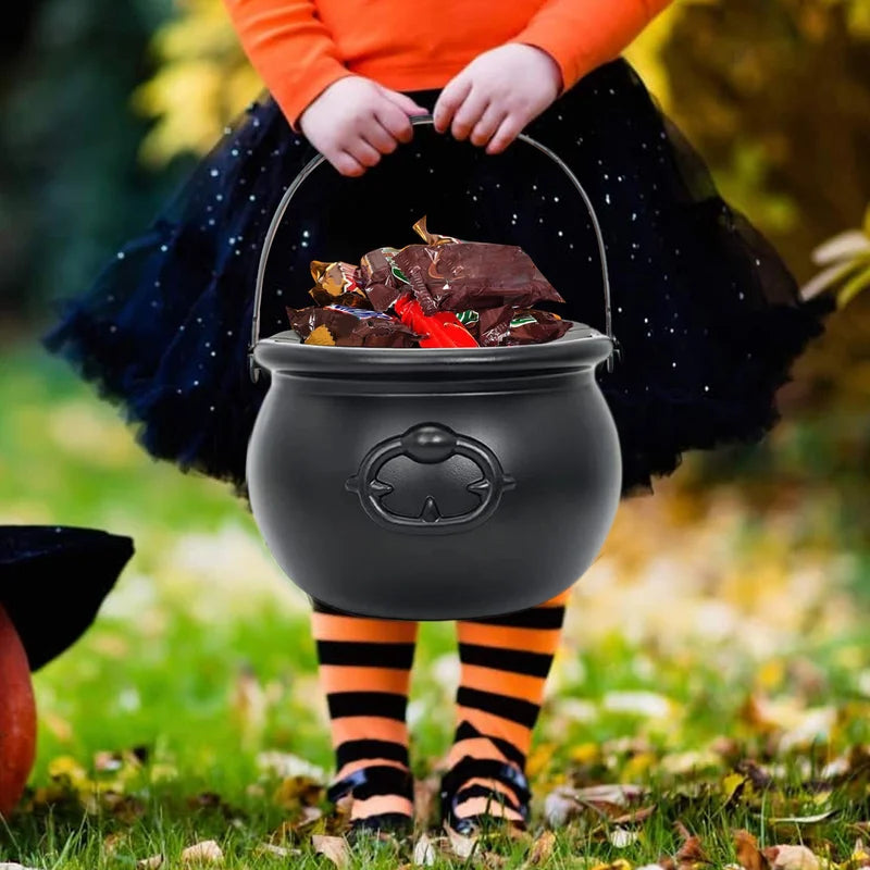 Halloween Candy Bowl Decorations Black Plastic Cauldron with Iron Rack for Parties