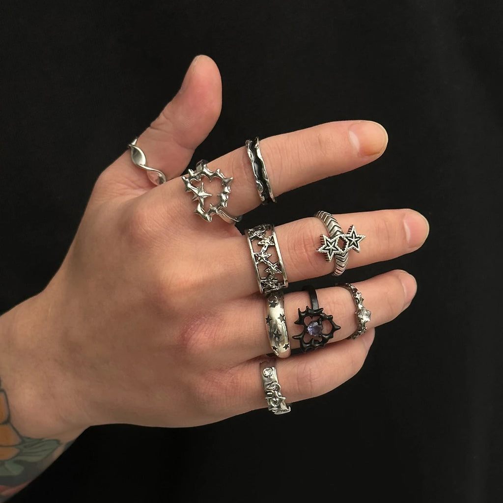 Goth Vintage Silver Open Ring Set for Men - 9 Pcs Stylish Metal Jewelry
