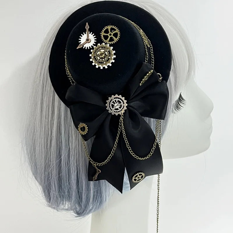 Gothic Mini Top Hat Hair Accessory with Gears Feather Flower for Cosplay & Costume