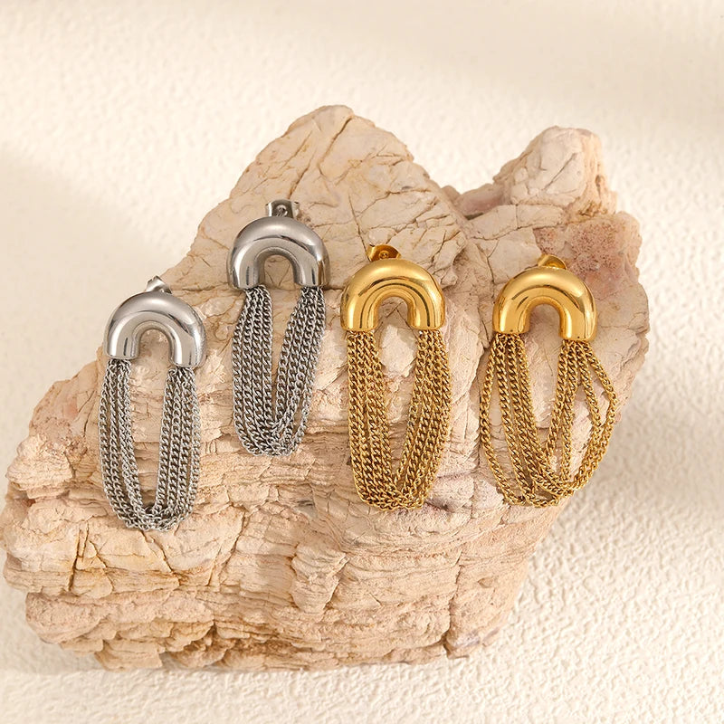 Waterproof Stainless Steel Tassel Chain Earrings for Women - Daily Jewelry