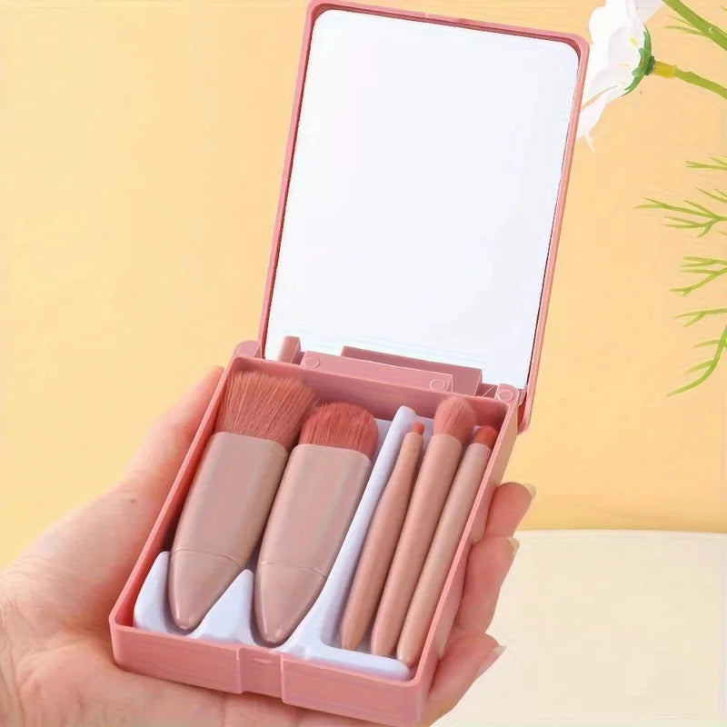 Pink Makeup Brush Set with Mirror Compact - 5 Soft Bristles for Face & Eye Makeup