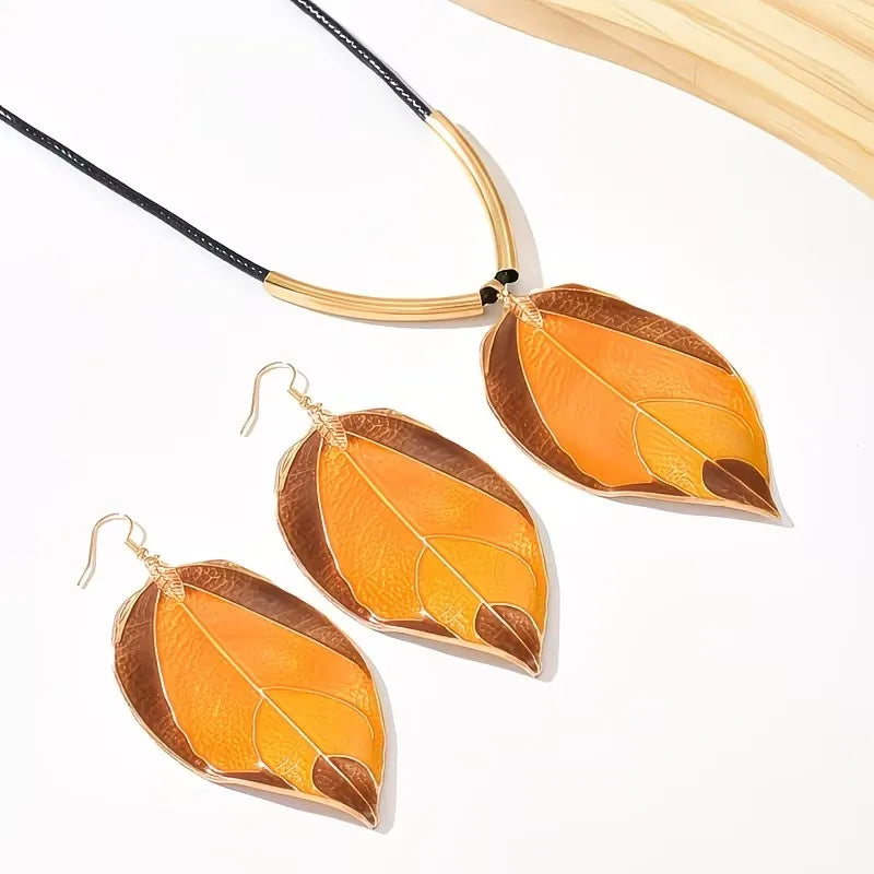 Bohemian Leaf Jewelry Set with Necklace and Earrings for Women - Vintage Layered Gift