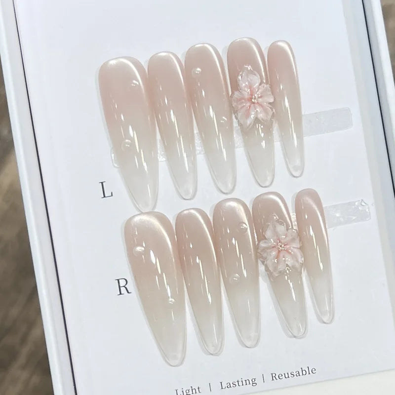 10pcs Long Almond Fake Nails Tips with Pearl and Floral Design - Multiple Colors