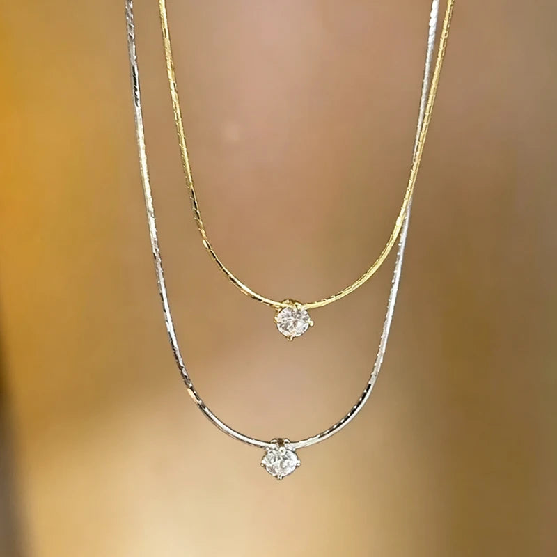 Minimalist Zircon CZ Charm Necklace - Stainless Steel Clavicle Chain Jewelry