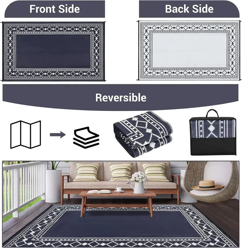 Waterproof Plastic Straw Outdoor Rug - Washable Geometric Living Room & Patio Carpet