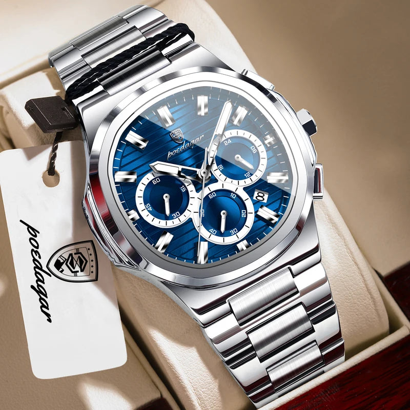 Men's Waterproof Chronograph Wristwatch with Luminous Dial and Date - Stainless Steel
