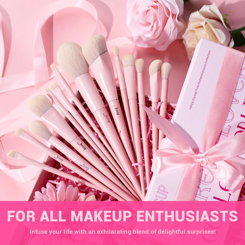 Pink Makeup Brush Set 14pcs - Vegan Face & Eye Cosmetics Tools