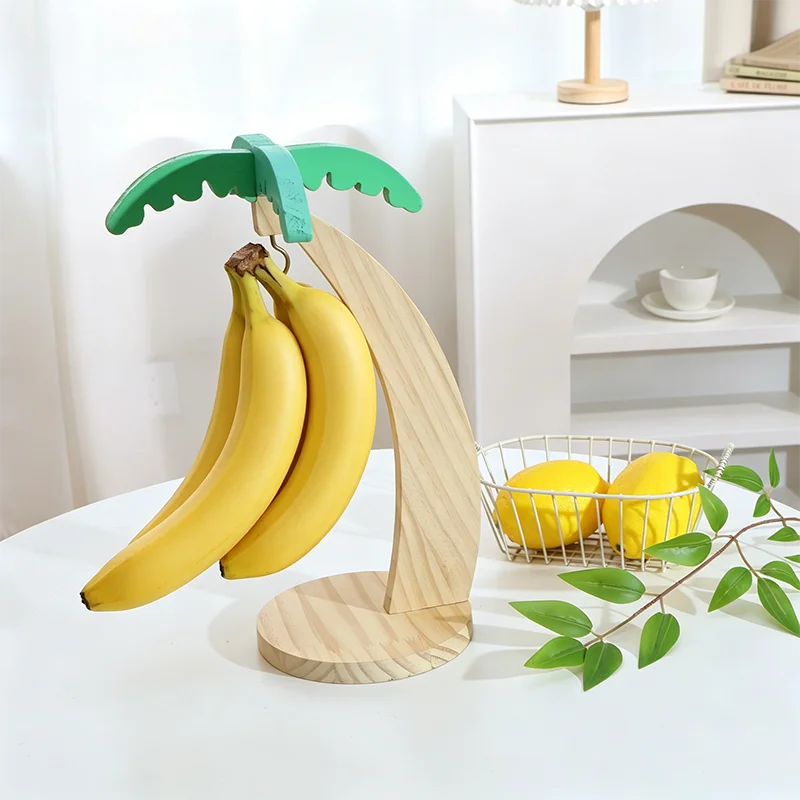 Wooden Banana Rack Hanging Kitchen Organizer with Leaf Design and Hooks