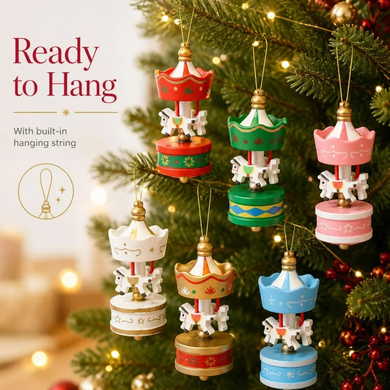 Christmas Wooden Carousel Ornament - Hanging Pendant Holiday Decor & Gift Set